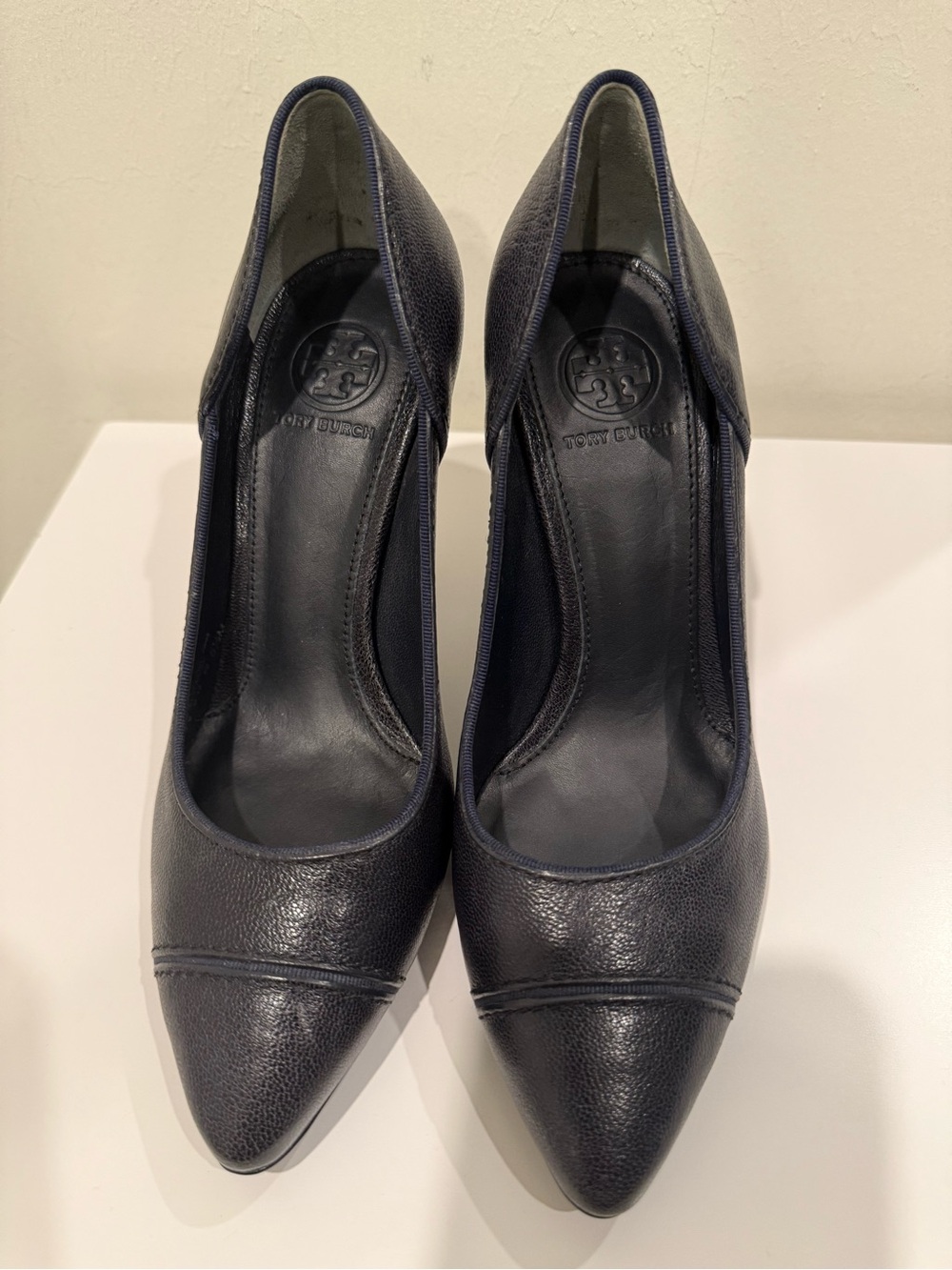 Tory Burch Dark Navy Pointed-Toe Leather Pumps